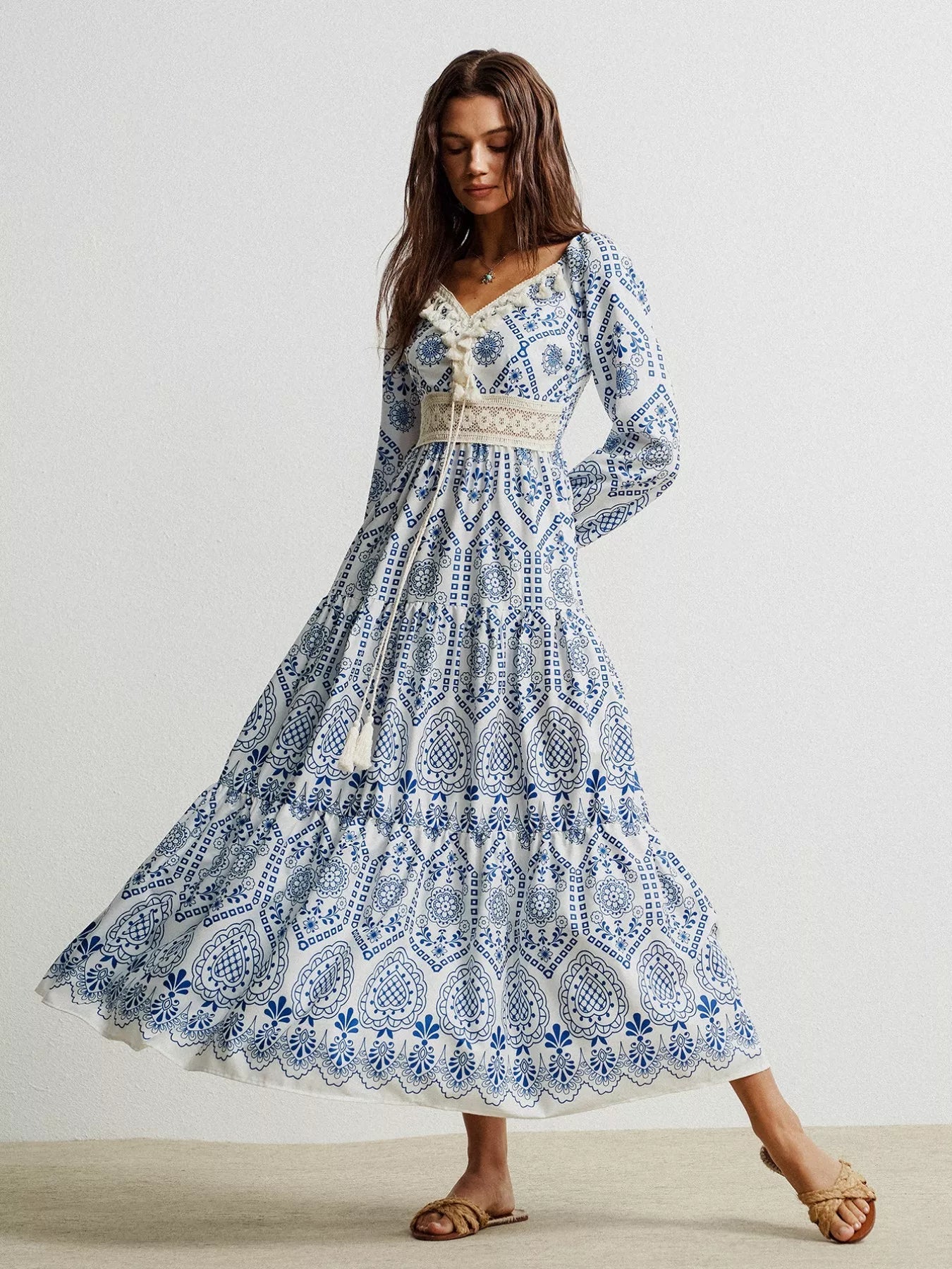 Bohemian Print Midi Dress with Tassel Detail - MAD RUFFI