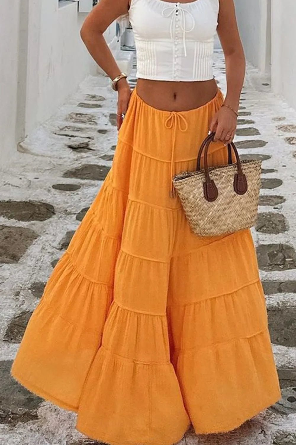 Bohemian Tiered Maxi Skirt with Drawstring Waist - MAD RUFFI
