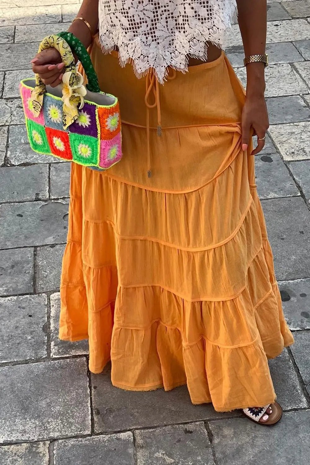 Bohemian Tiered Maxi Skirt with Drawstring Waist - MAD RUFFI