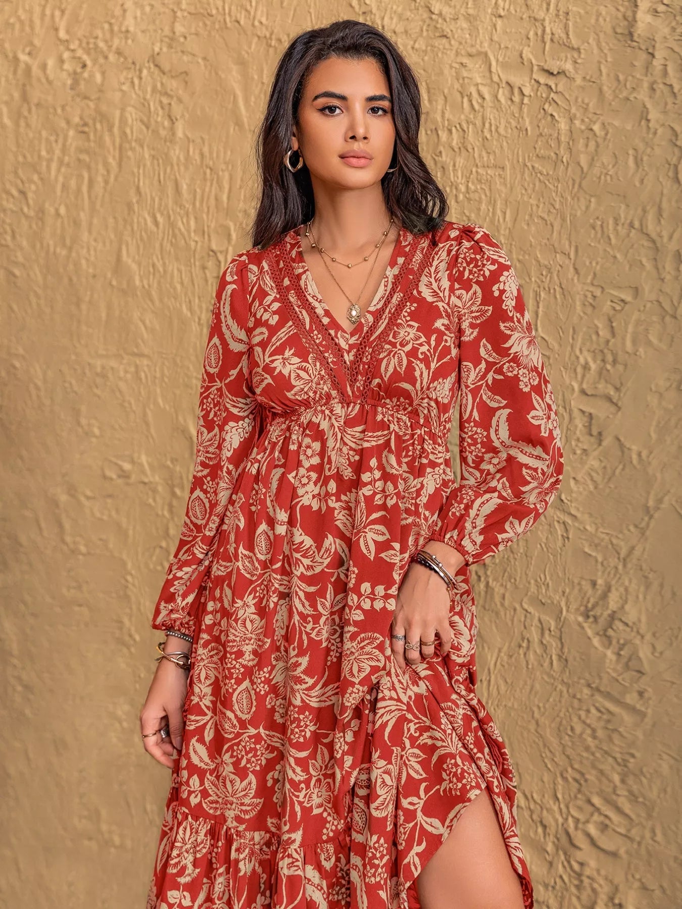 Boho Floral Print Long Sleeve Midi Dress - MAD RUFFI