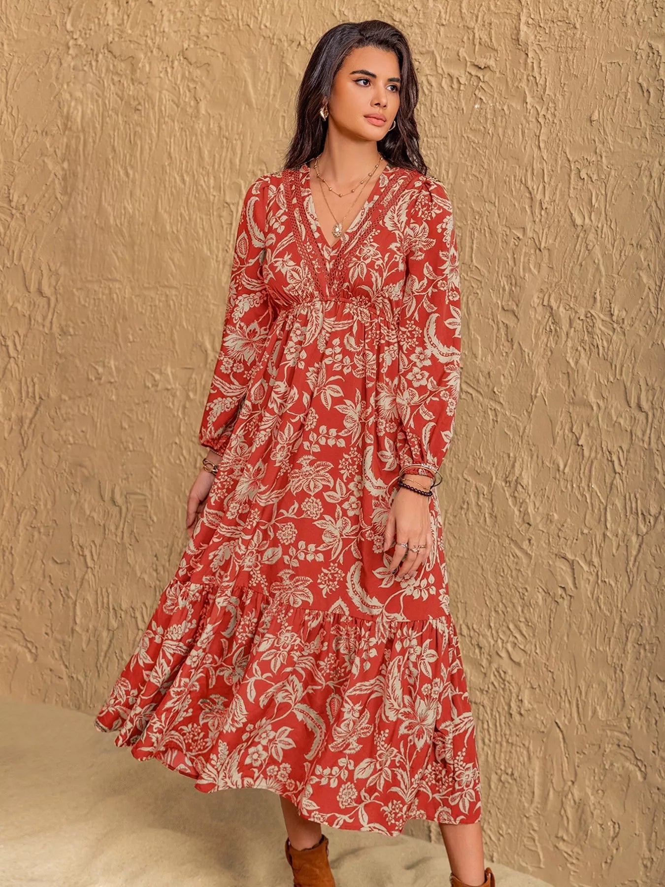 Boho Floral Print Long Sleeve Midi Dress - MAD RUFFI