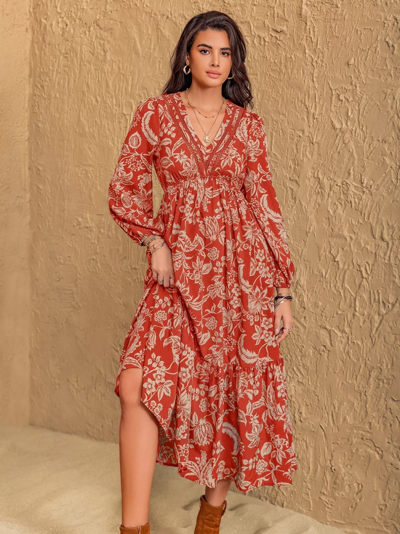 Boho Floral Print Long Sleeve Midi Dress - MAD RUFFI