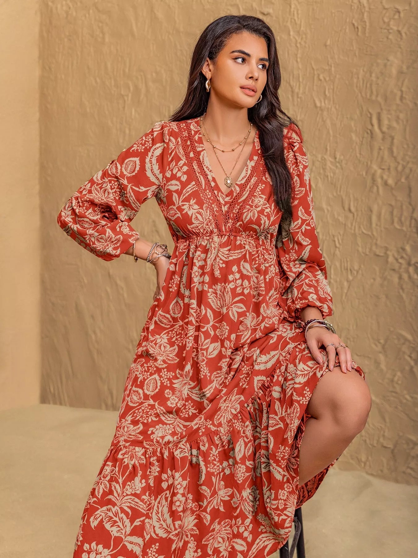 Boho Floral Print Long Sleeve Midi Dress - MAD RUFFI