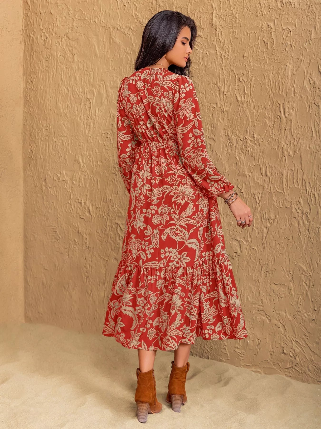 Boho Floral Print Long Sleeve Midi Dress - MAD RUFFI