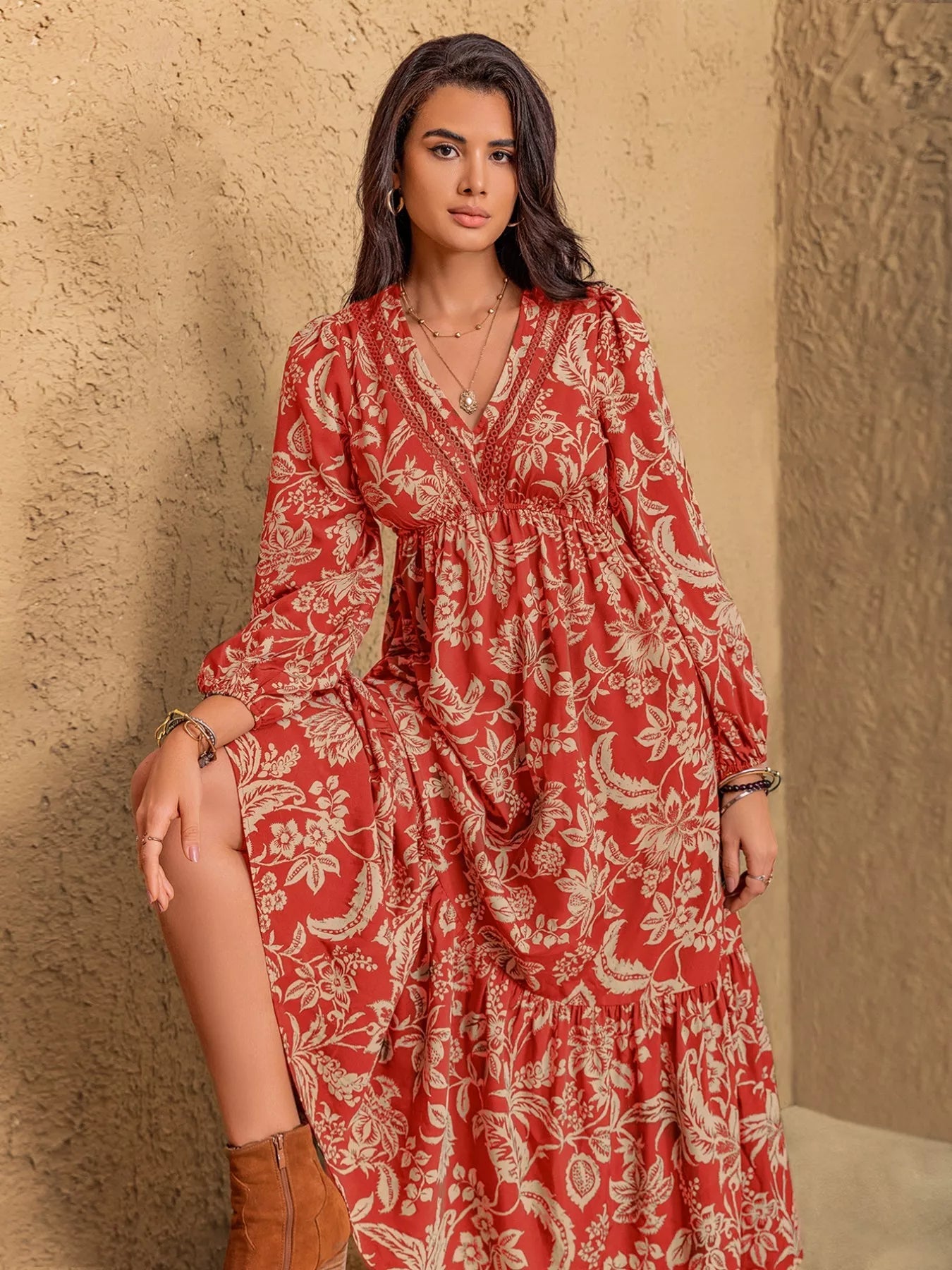 Boho Floral Print Long Sleeve Midi Dress - MAD RUFFI
