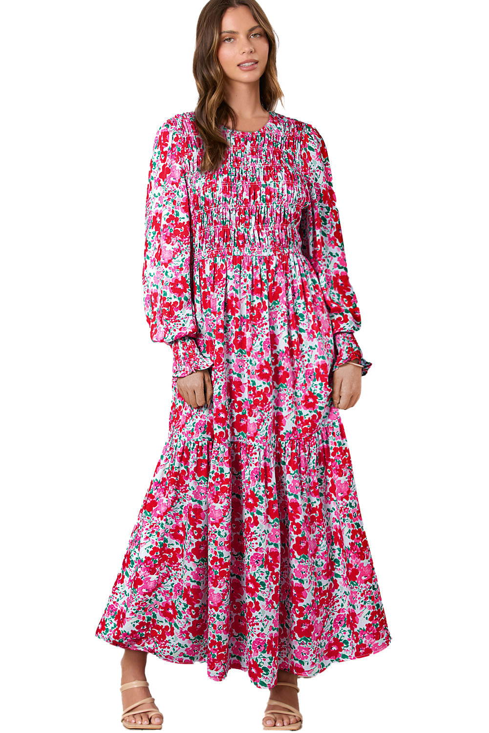 Boho Floral Print Smocked Puff Sleeve Tiered Maxi Dress - MAD RUFFI