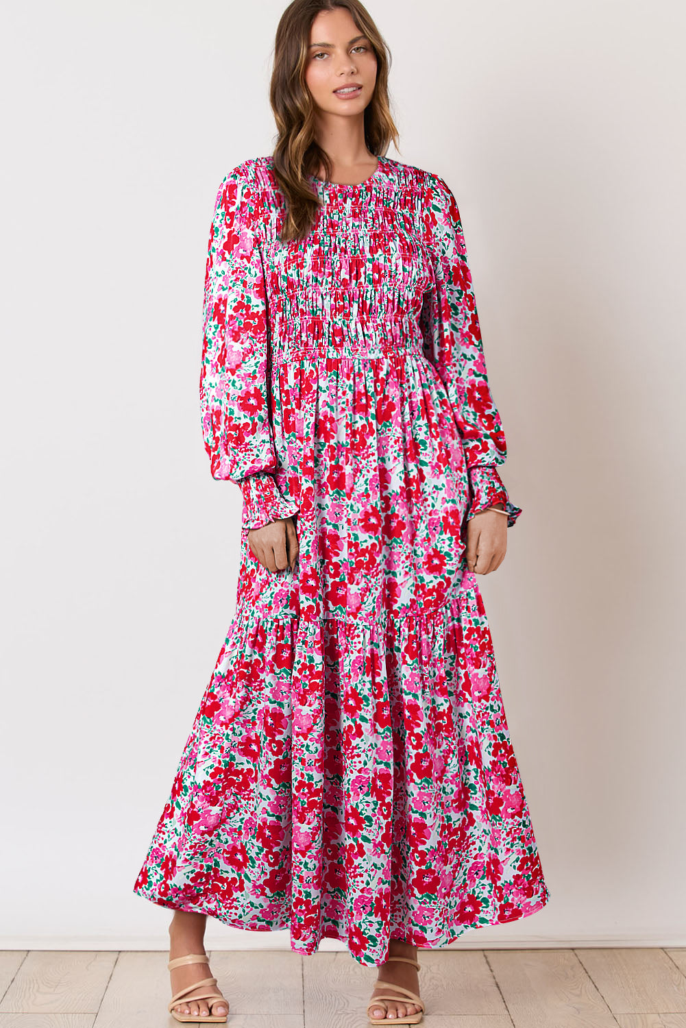 Boho Floral Print Smocked Puff Sleeve Tiered Maxi Dress - MAD RUFFI