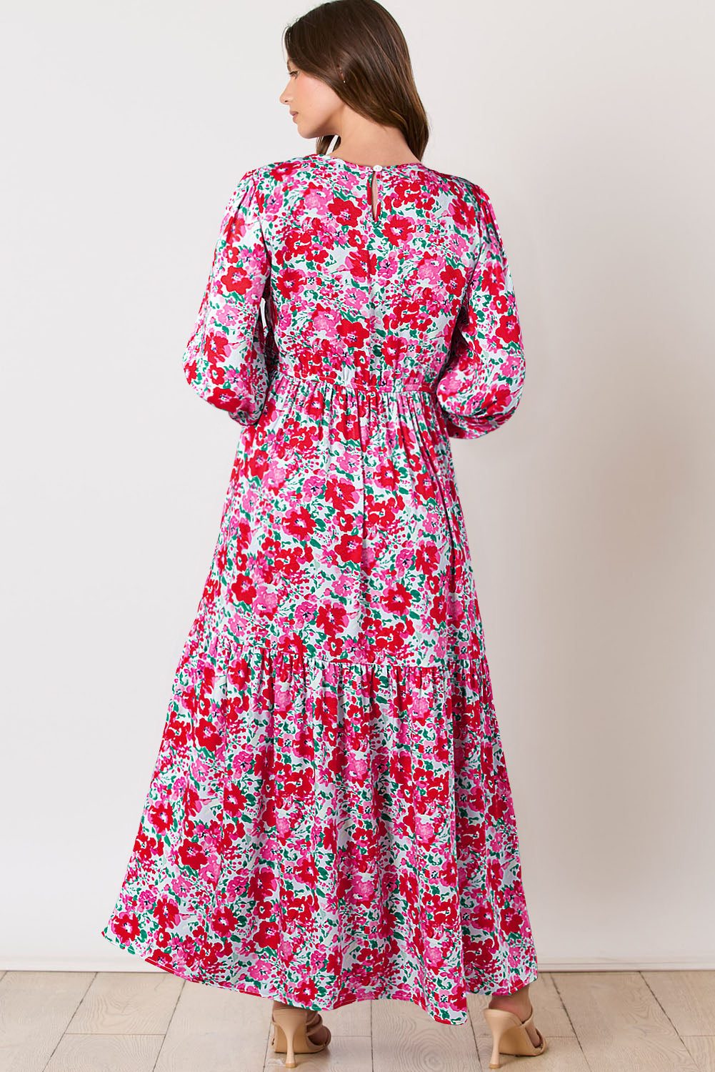 Boho Floral Print Smocked Puff Sleeve Tiered Maxi Dress - MAD RUFFI