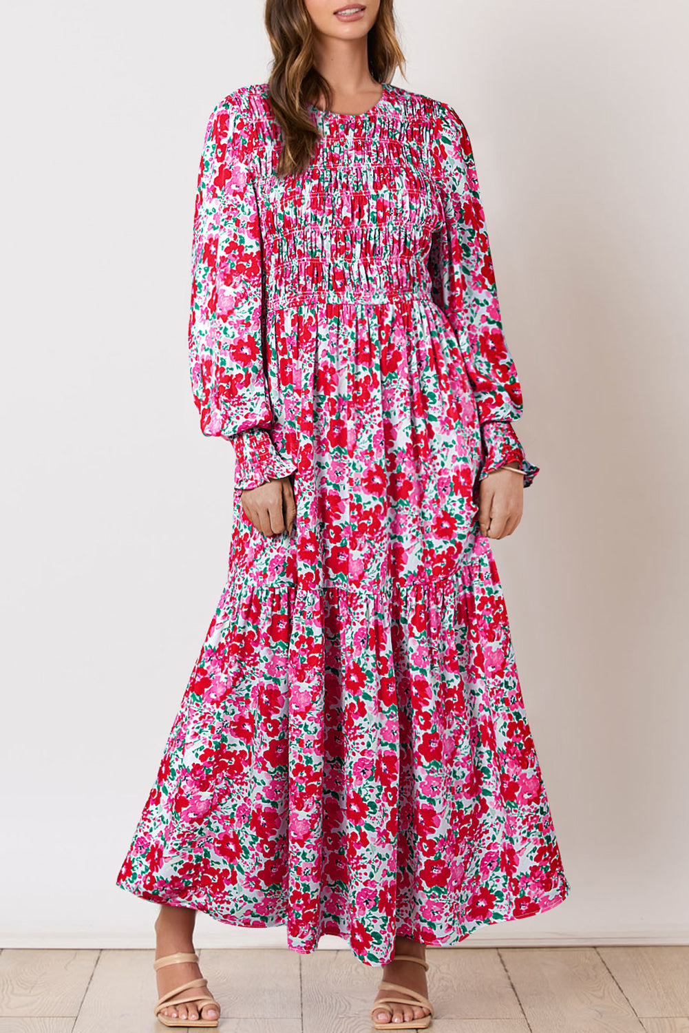 Boho Floral Print Smocked Puff Sleeve Tiered Maxi Dress - MAD RUFFI