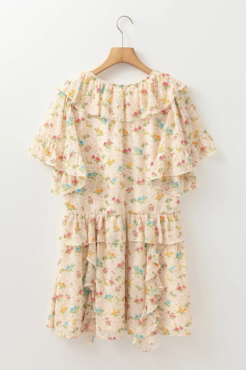 Boho Floral Tassel Tie V Neck Ruffle Wide Sleeve Mini Dress - MAD RUFFI