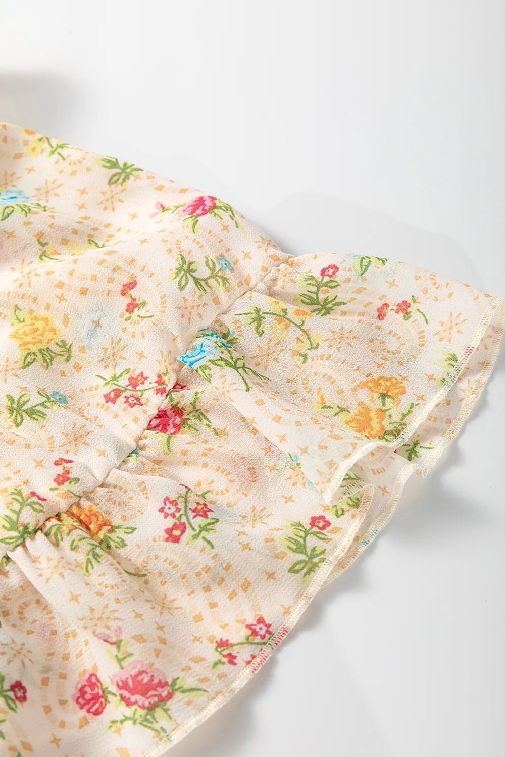 Boho Floral Tassel Tie V Neck Ruffle Wide Sleeve Mini Dress - MAD RUFFI