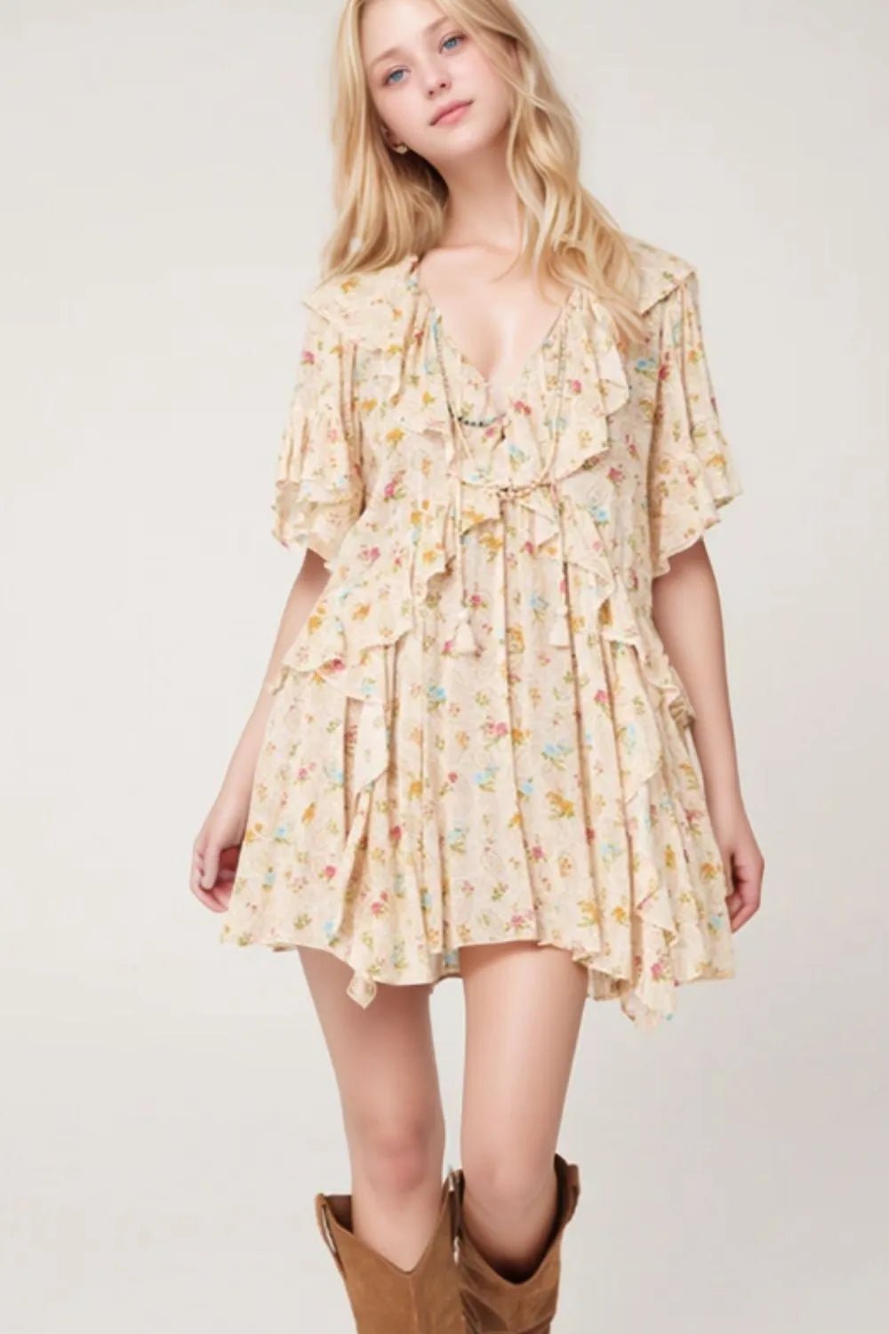 Boho Floral Tassel Tie V Neck Ruffle Wide Sleeve Mini Dress - MAD RUFFI