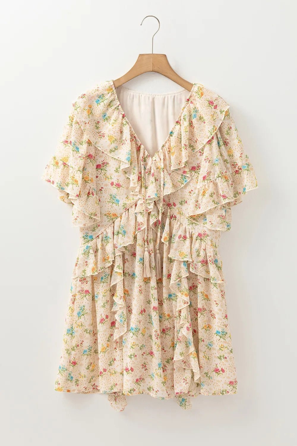 Boho Floral Tassel Tie V Neck Ruffle Wide Sleeve Mini Dress - MAD RUFFI