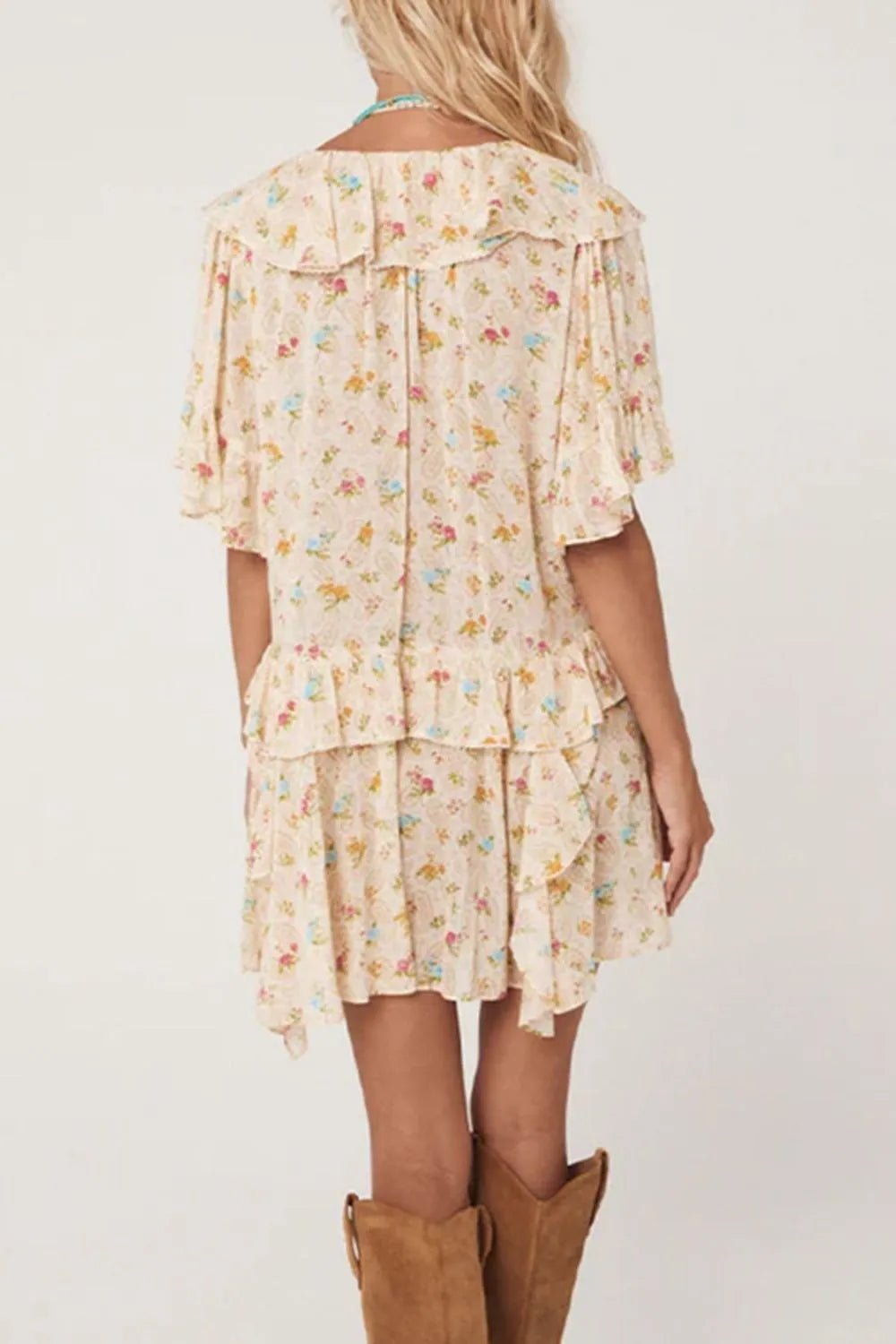 Boho Floral Tassel Tie V Neck Ruffle Wide Sleeve Mini Dress - MAD RUFFI