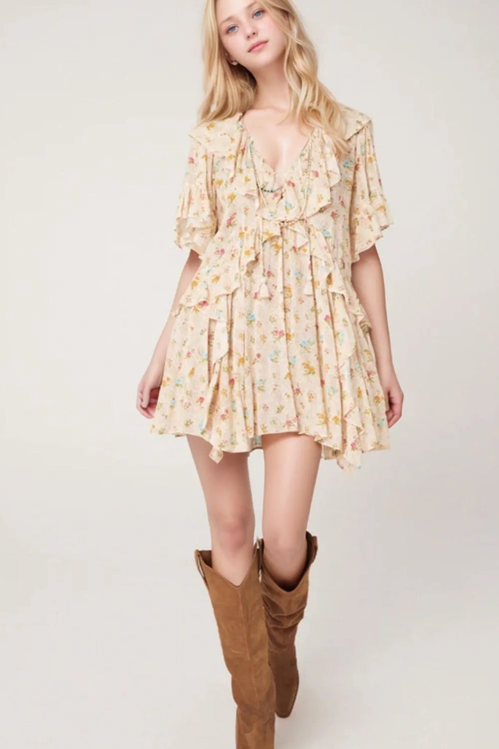 Boho Floral Tassel Tie V Neck Ruffle Wide Sleeve Mini Dress - MAD RUFFI