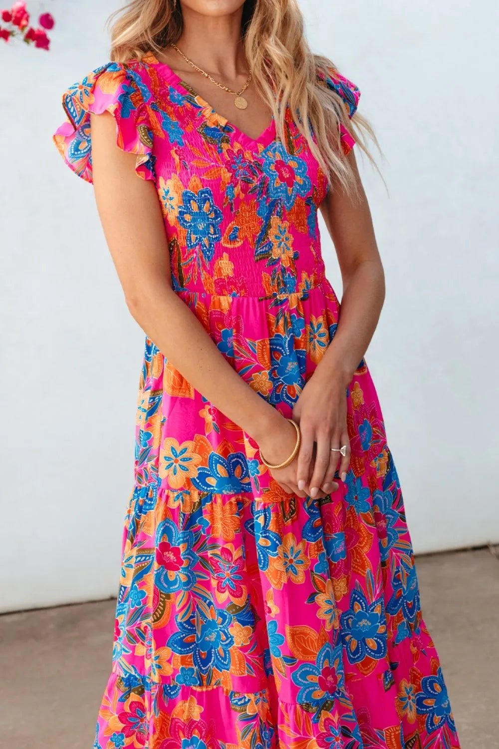 Boho Floral V Neck Ruffle Tiered Dress - MAD RUFFI