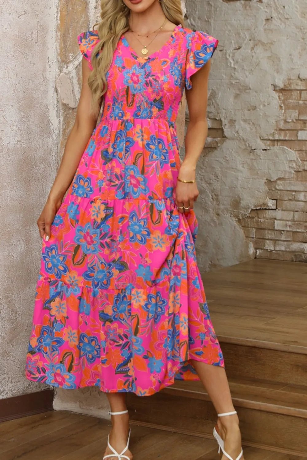 Boho Floral V Neck Ruffle Tiered Dress - MAD RUFFI