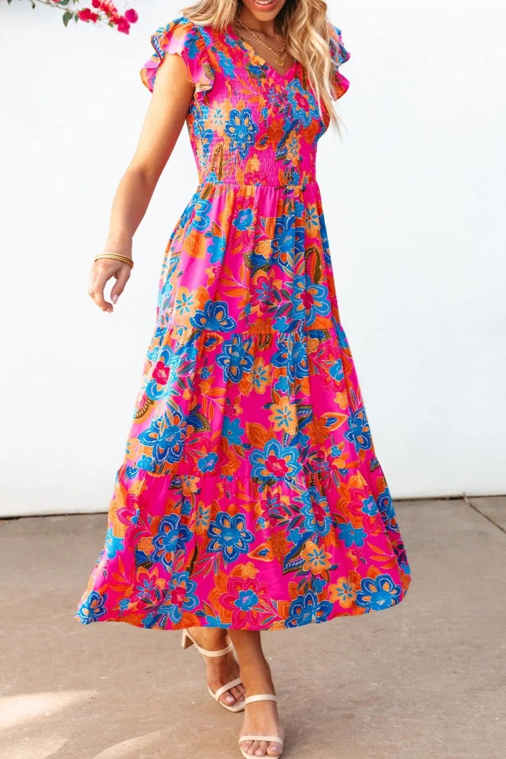 Boho Floral V Neck Ruffle Tiered Dress - MAD RUFFI