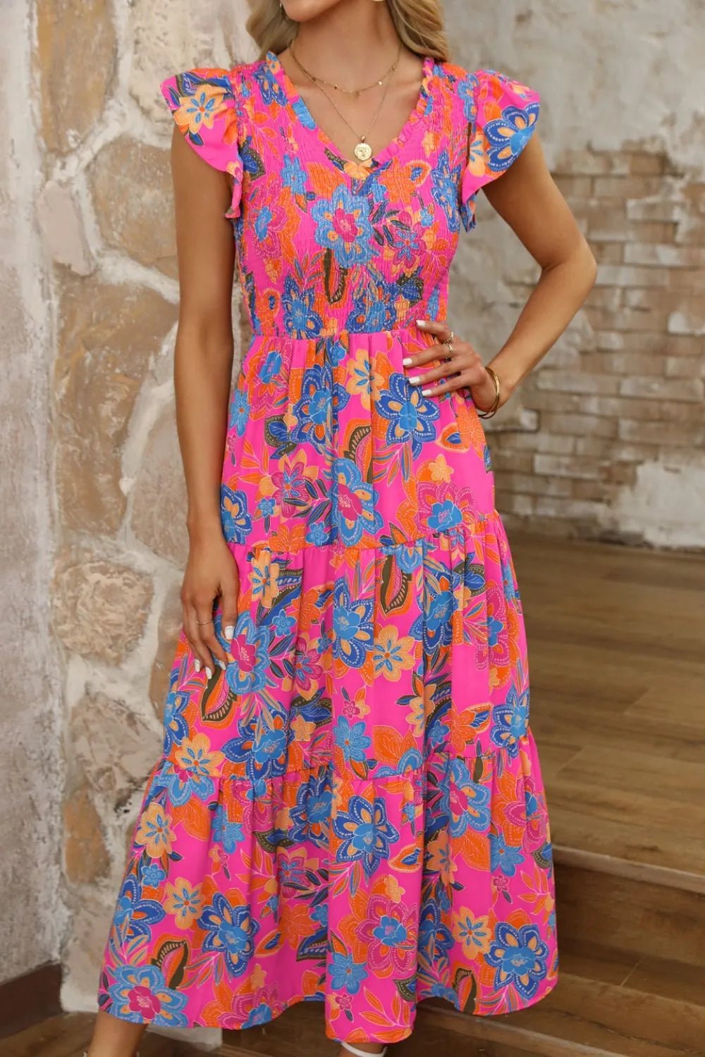 Boho Floral V Neck Ruffle Tiered Dress - MAD RUFFI