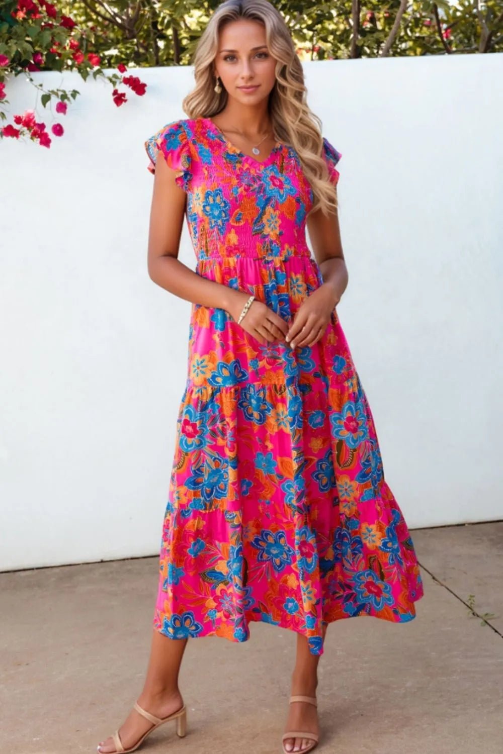 Boho Floral V Neck Ruffle Tiered Dress - MAD RUFFI