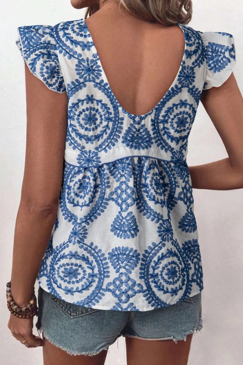 Boho Print Ruffled Cap Sleeve Crew Neck Blouse - MAD RUFFI