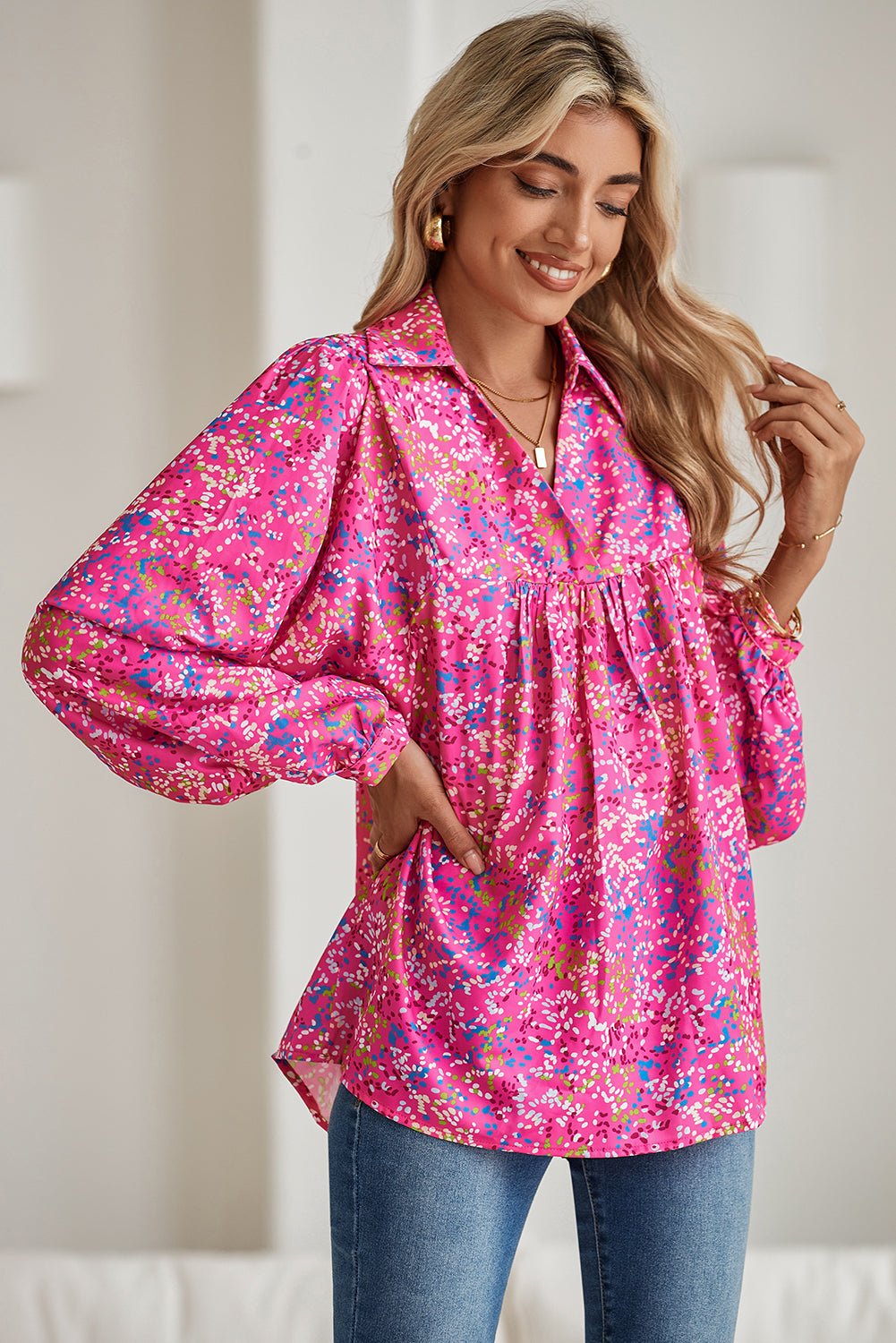 Bonbon Abstract Print Loose Fit Collared V Neck Babydoll Blouse - MAD RUFFI