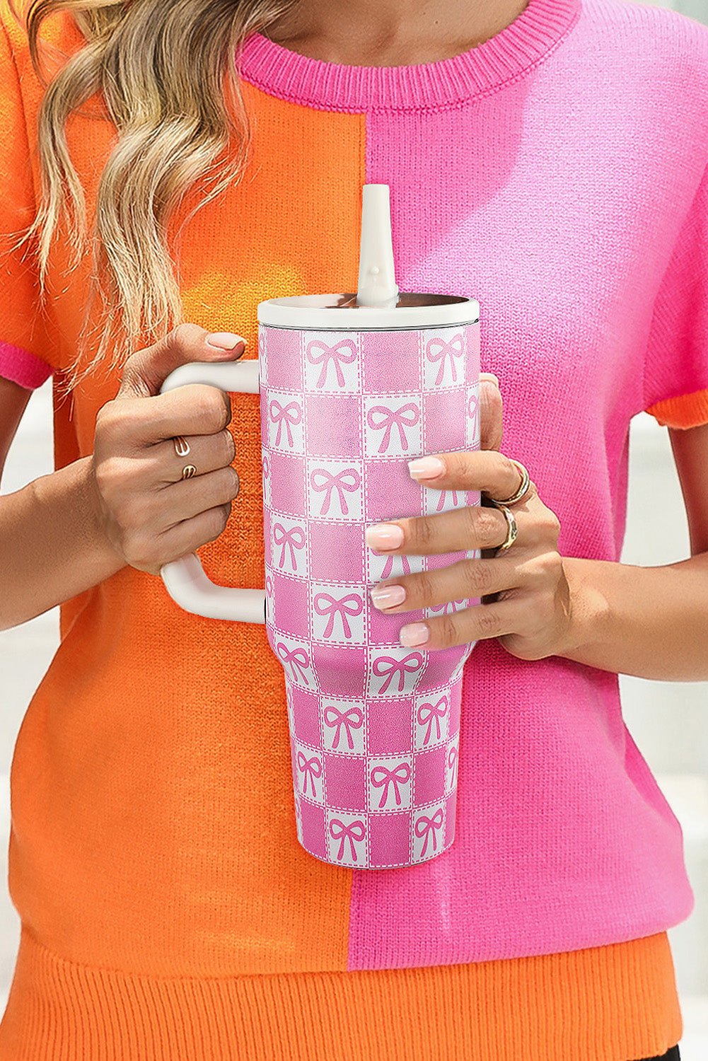 Bonbon Checkered Bow Print Tumbler Cup - MAD RUFFI