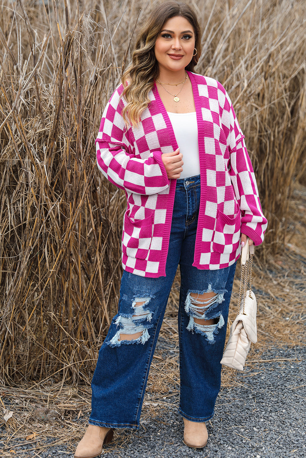 Bonbon Checkered Pattern Open Front Plus Size Cardigan - Plus Size Sweaters&Cardigans