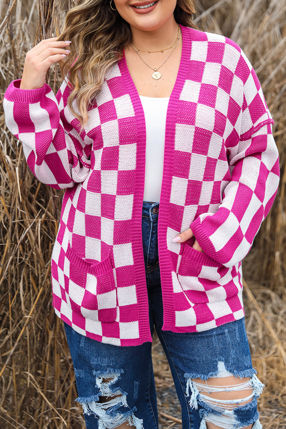 Bonbon Checkered Pattern Open Front Plus Size Cardigan - Bonbon / 1X - Plus Size Sweaters&Cardigans