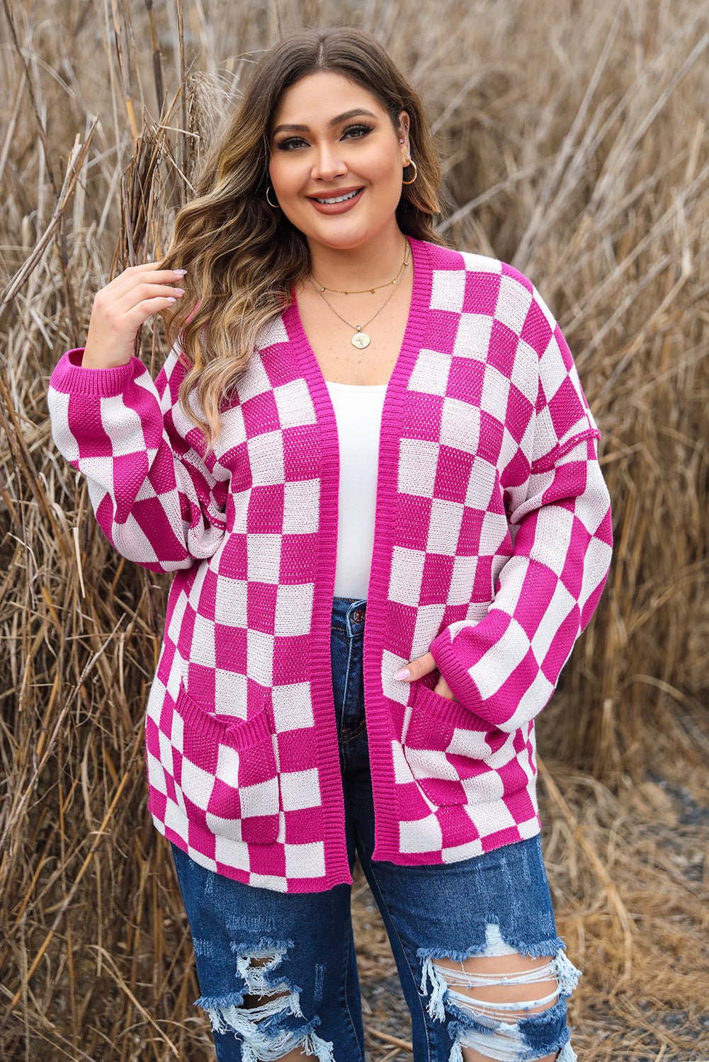 Bonbon Checkered Pattern Open Front Plus Size Cardigan - Plus Size Sweaters&Cardigans