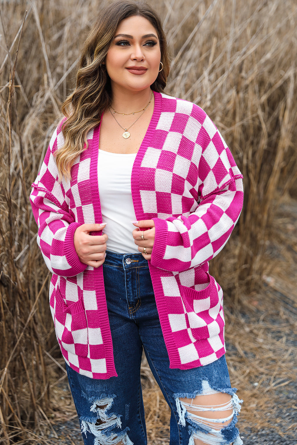 Bonbon Checkered Pattern Open Front Plus Size Cardigan - Plus Size Sweaters&Cardigans