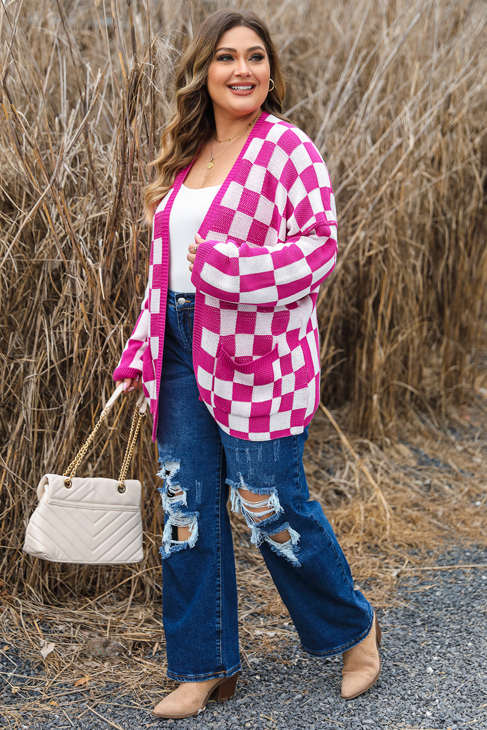 Bonbon Checkered Pattern Open Front Plus Size Cardigan - Plus Size Sweaters&Cardigans