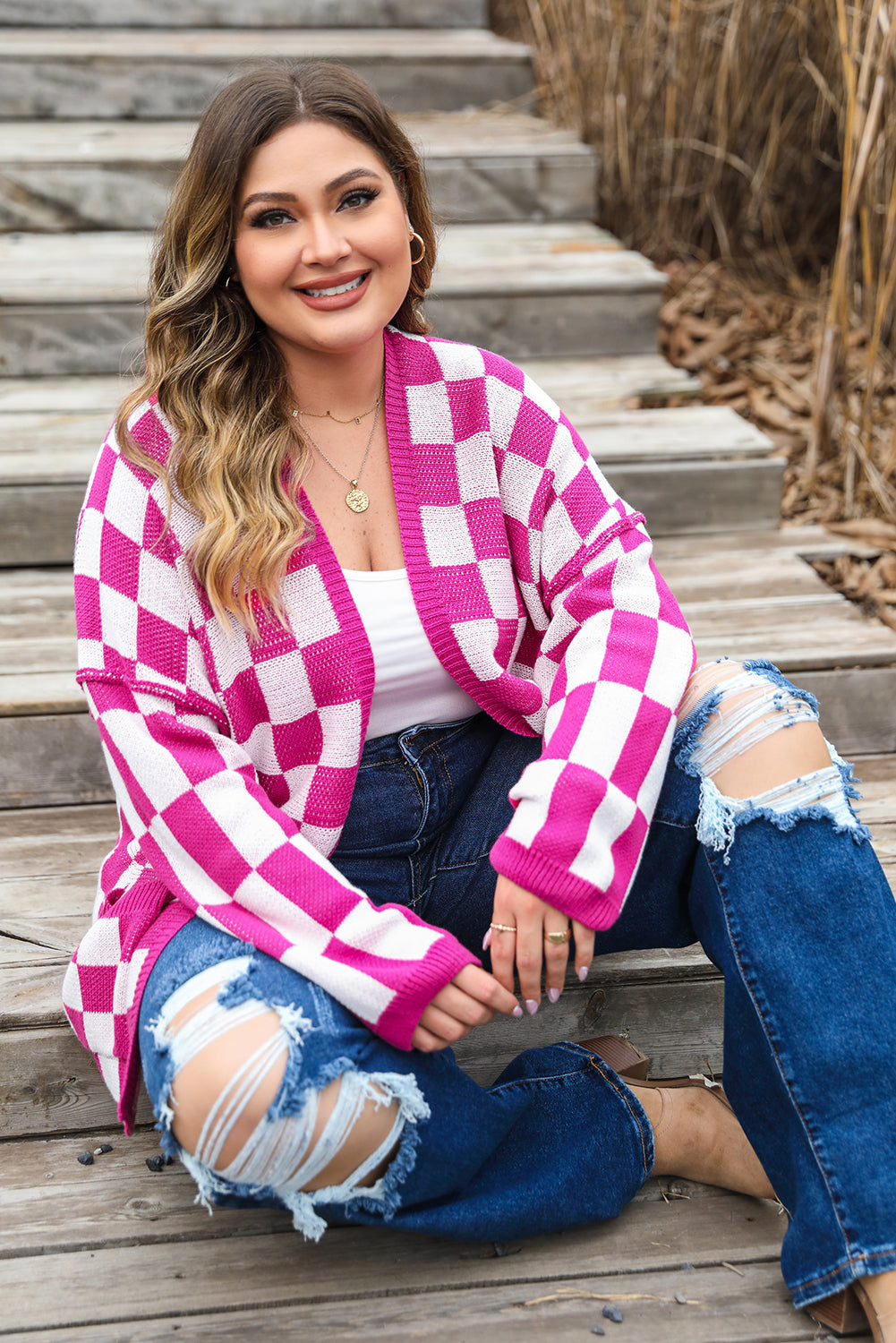 Bonbon Checkered Pattern Open Front Plus Size Cardigan - Plus Size Sweaters&Cardigans