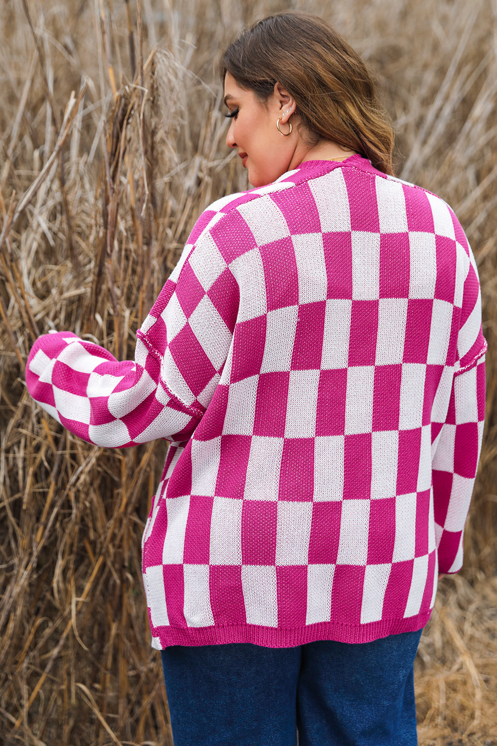 Bonbon Checkered Pattern Open Front Plus Size Cardigan - Plus Size Sweaters&Cardigans