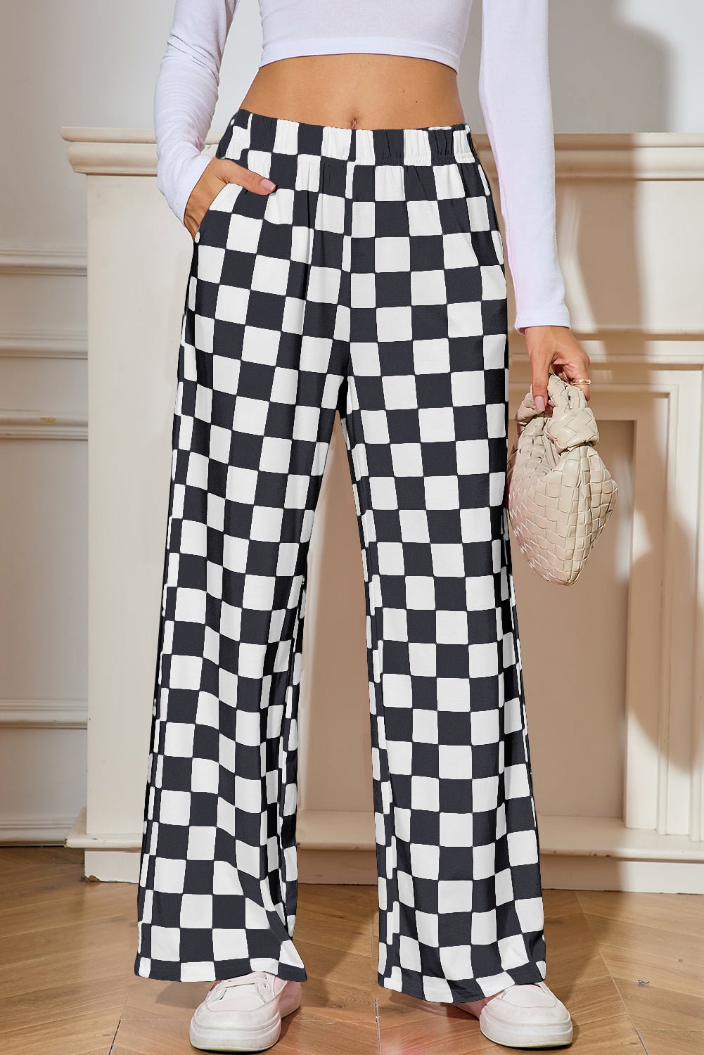 bonbon checkered print high waist wide leg pants - MAD RUFFI