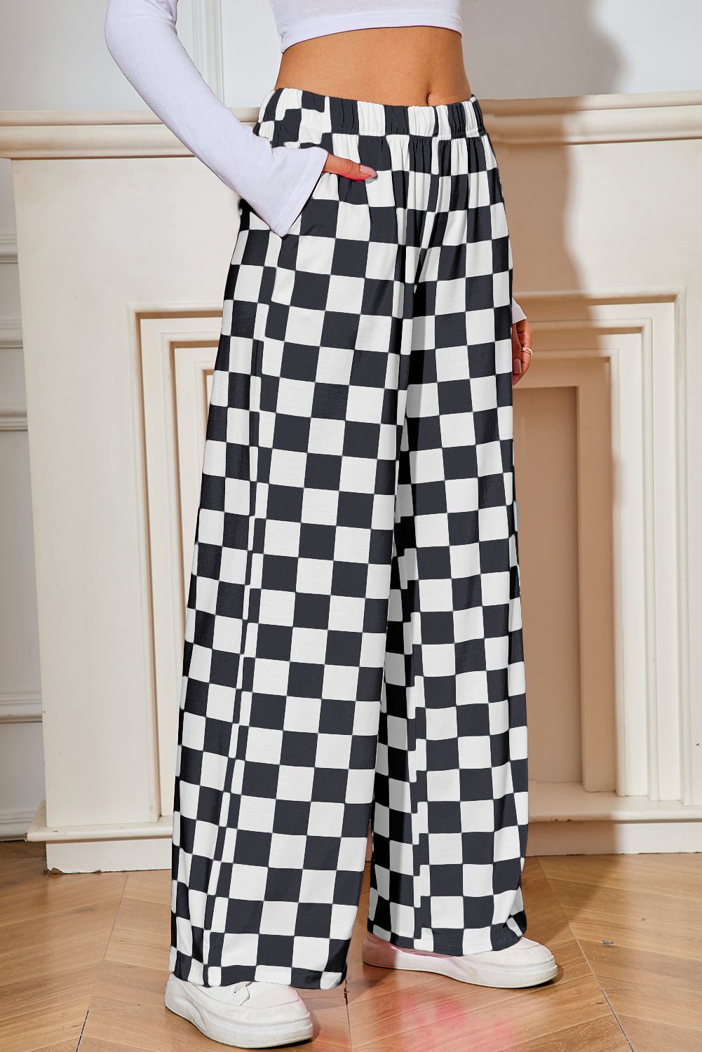 bonbon checkered print high waist wide leg pants - MAD RUFFI