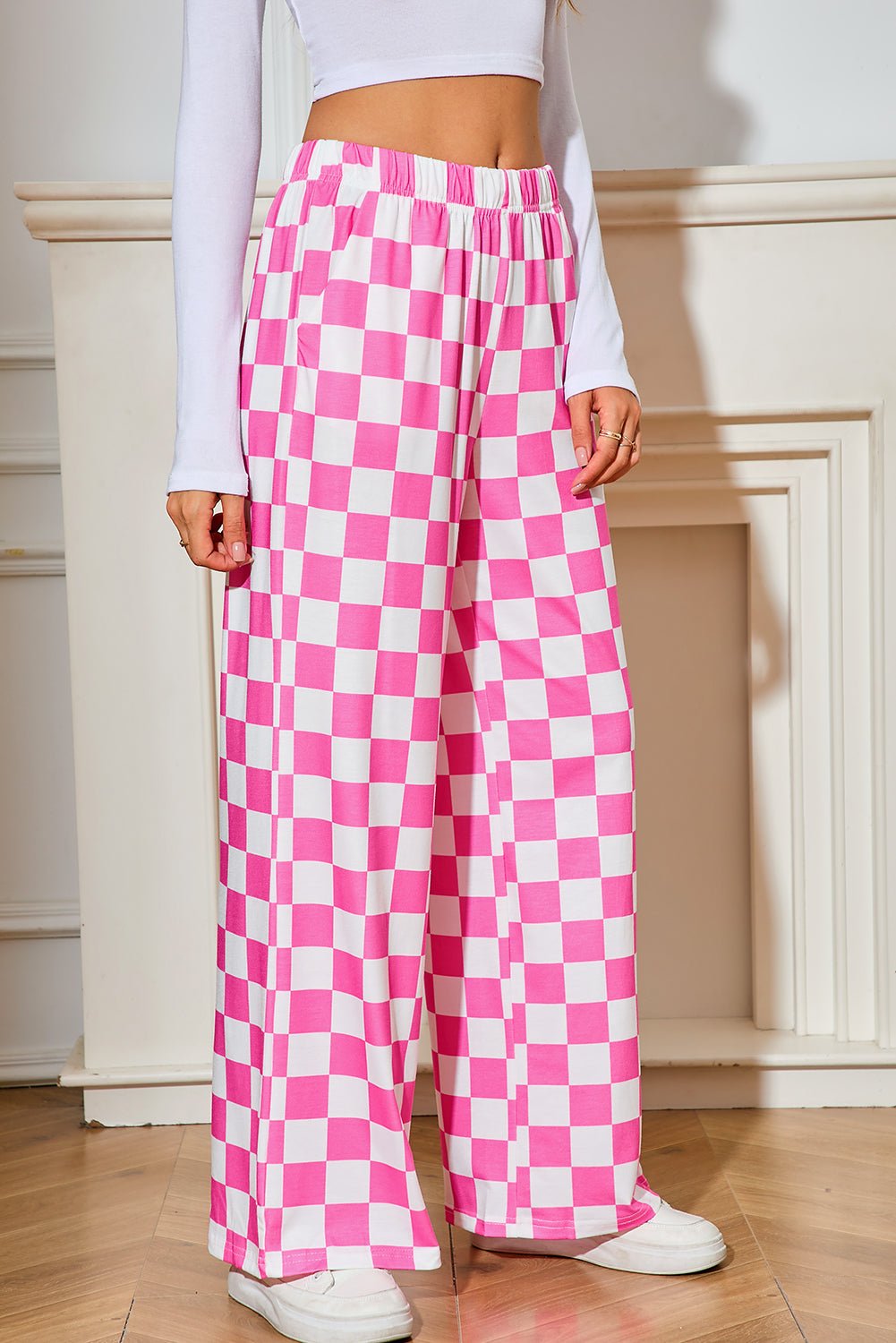 bonbon checkered print high waist wide leg pants - MAD RUFFI