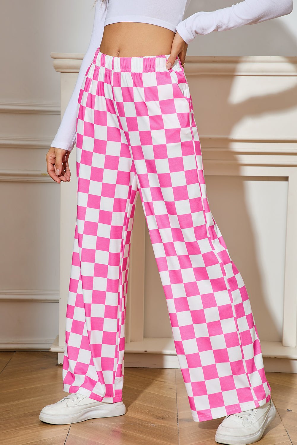 bonbon checkered print high waist wide leg pants - MAD RUFFI