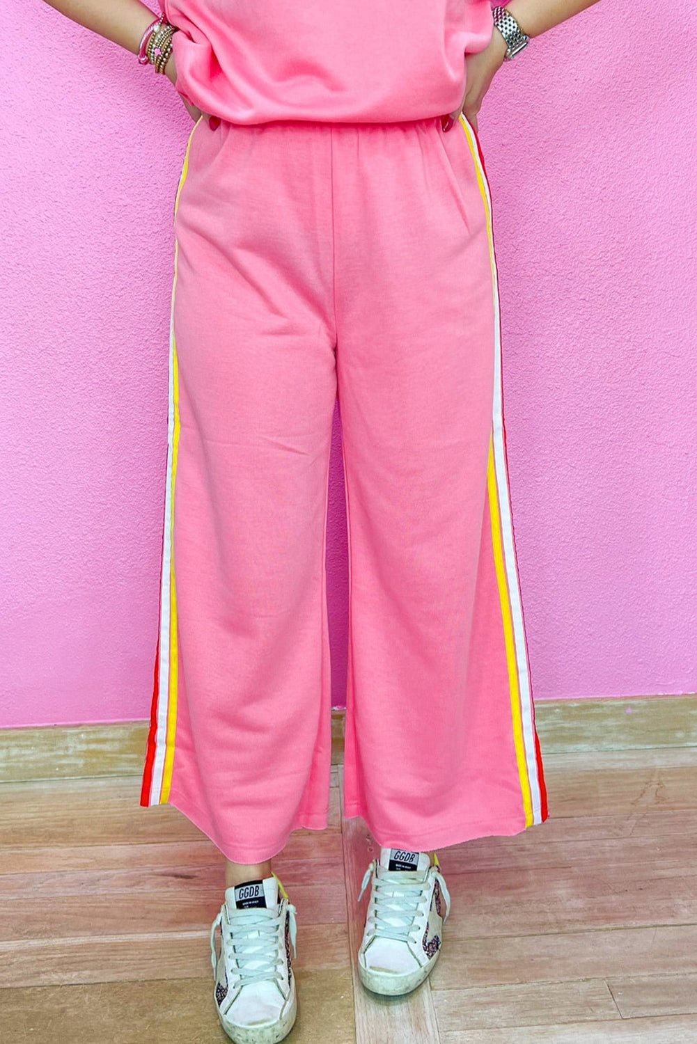 Bonbon Color Contrast Crewneck T Shirt and Wide Leg Pants Set - MAD RUFFI