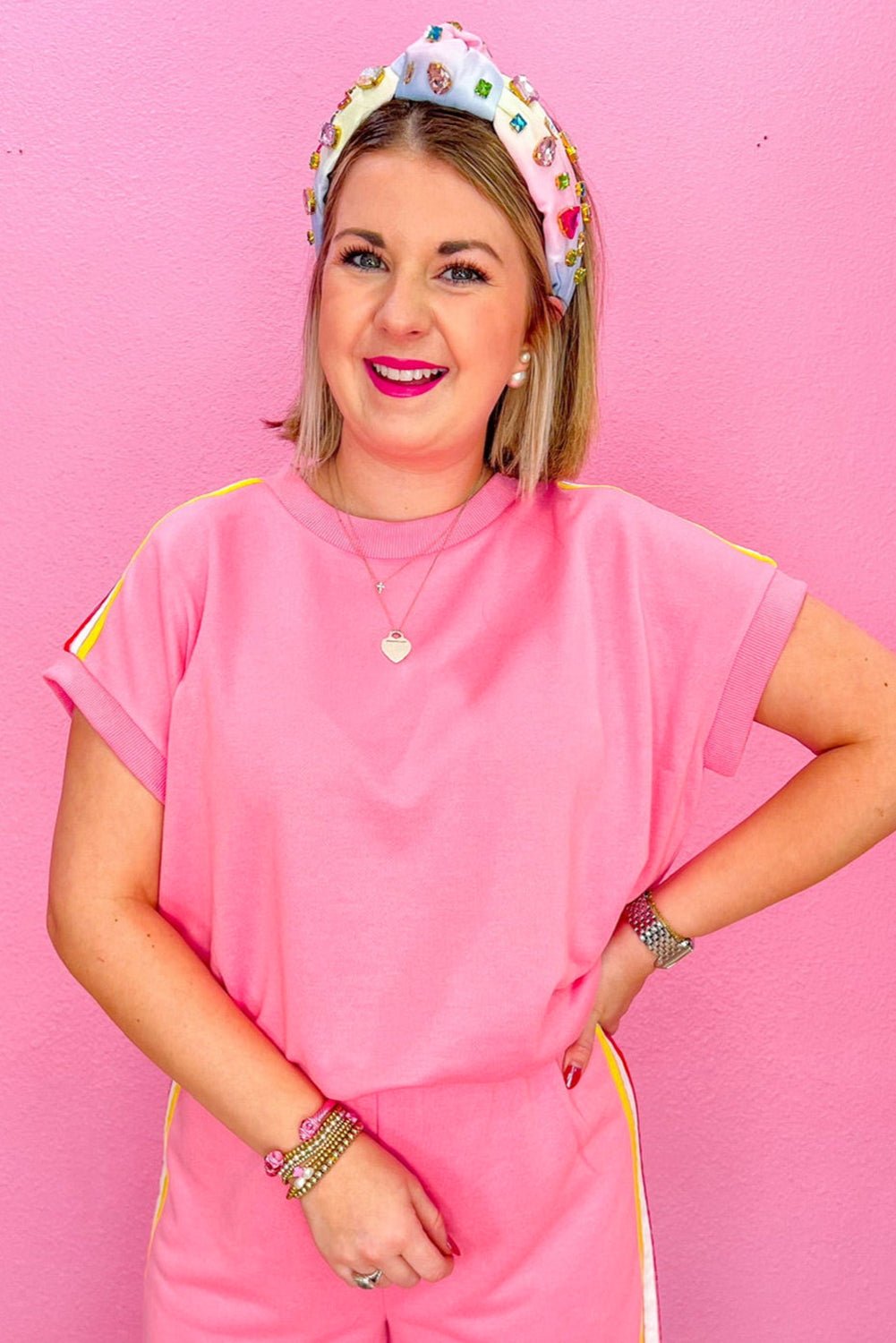 Bonbon Color Contrast Crewneck T Shirt and Wide Leg Pants Set - MAD RUFFI