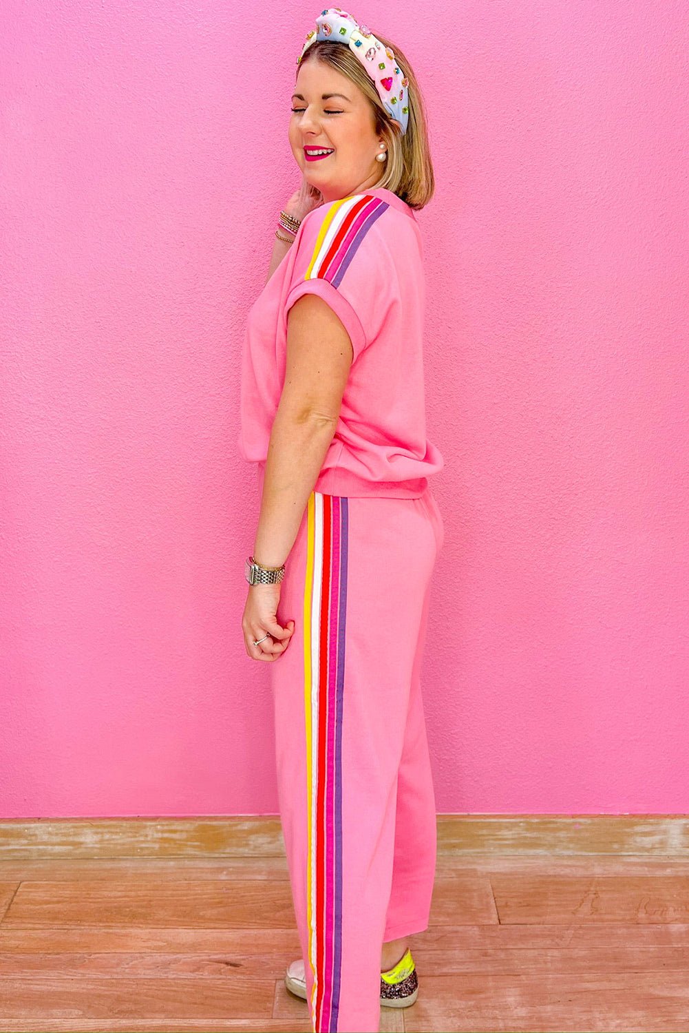 Bonbon Color Contrast Crewneck T Shirt and Wide Leg Pants Set - MAD RUFFI