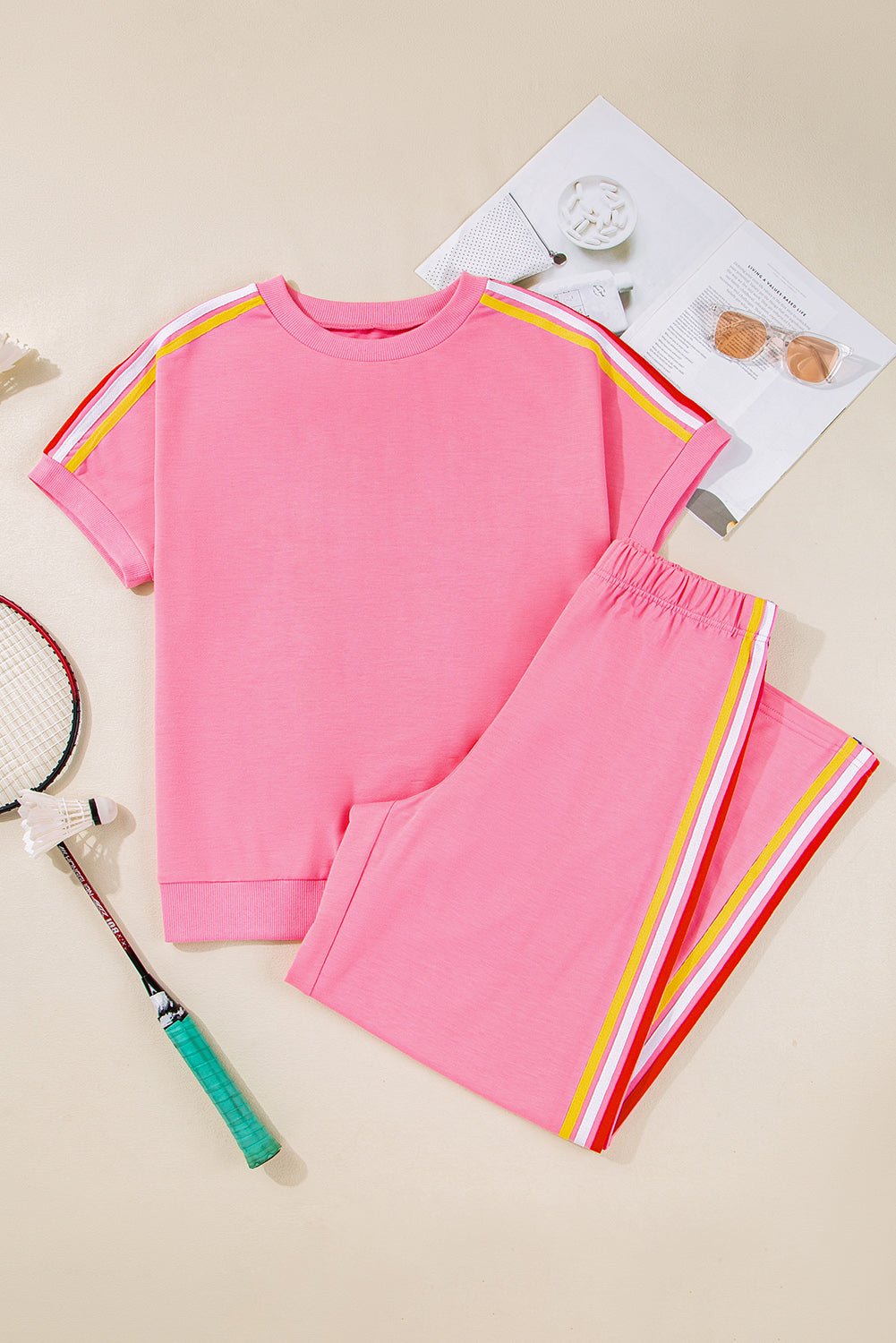 Bonbon Color Contrast Crewneck T Shirt and Wide Leg Pants Set - MAD RUFFI