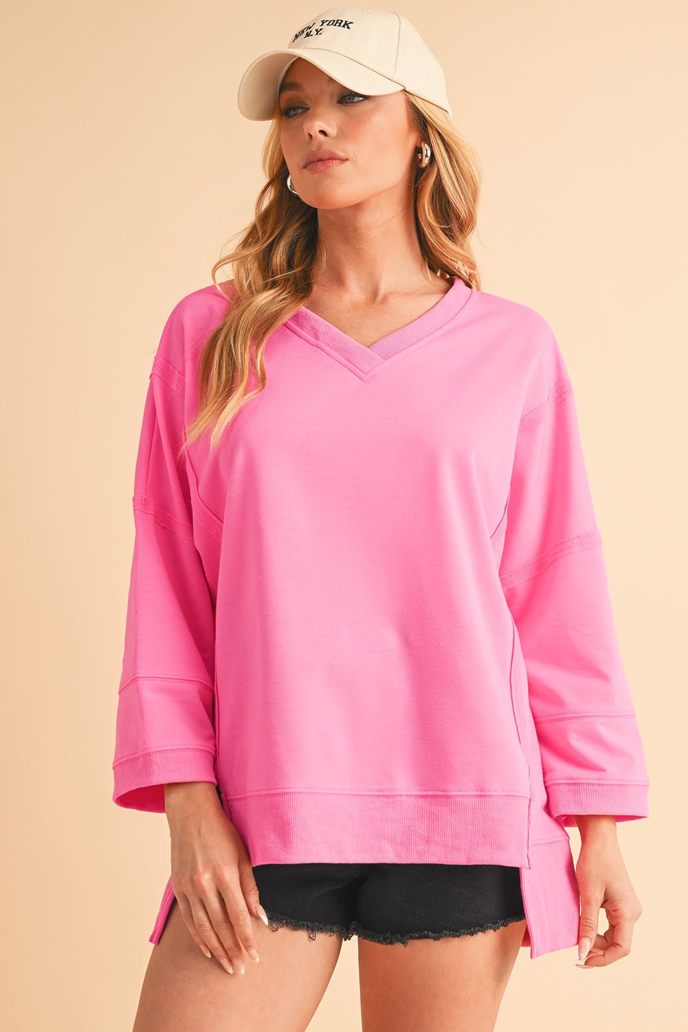 Bonbon Exposed Seam V Neck Bracelet Sleeve T-Shirt - MAD RUFFI