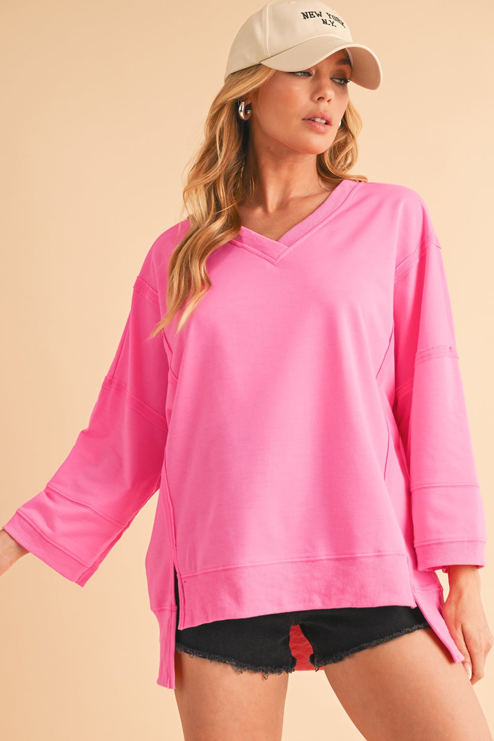 Bonbon Exposed Seam V Neck Bracelet Sleeve T-Shirt - MAD RUFFI