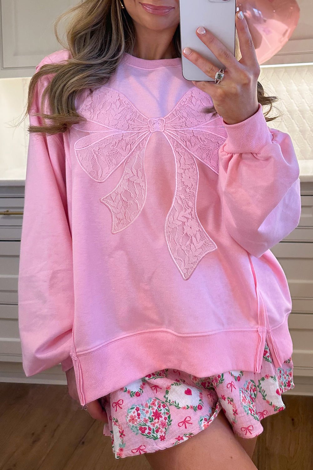 Bonbon Lace Bow Embroidered Exposed Seam Sweatshirt - MAD RUFFI