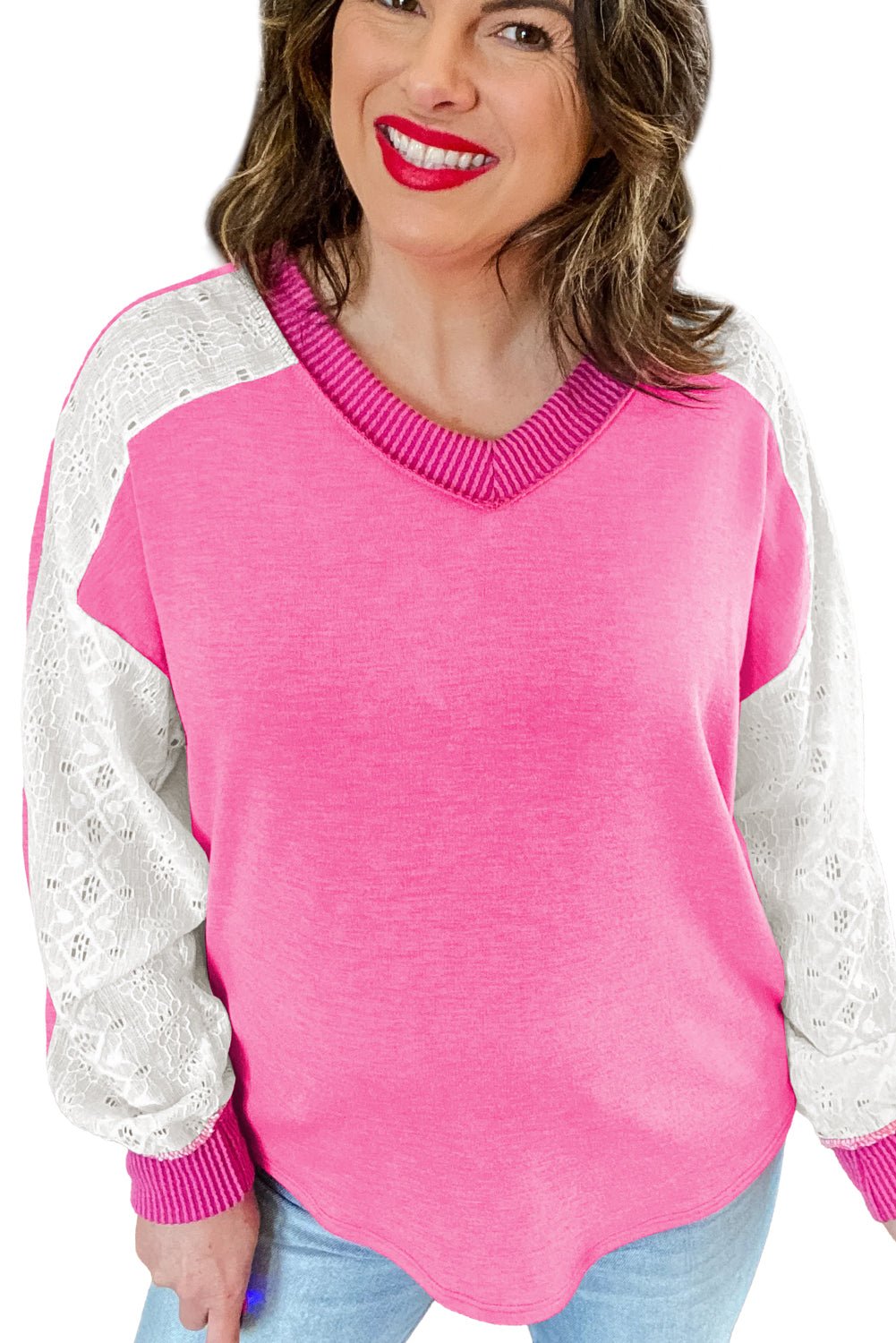 Bonbon Lace Patchwork Corded Trim Plus Size Long Sleeve Top - MAD RUFFI