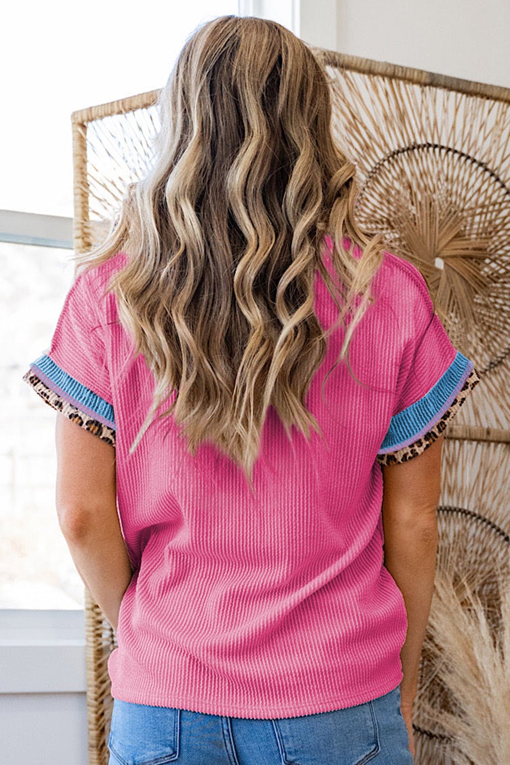 Bonbon Leopard Patchwork Corded Crew Neck T Shirt - MAD RUFFI