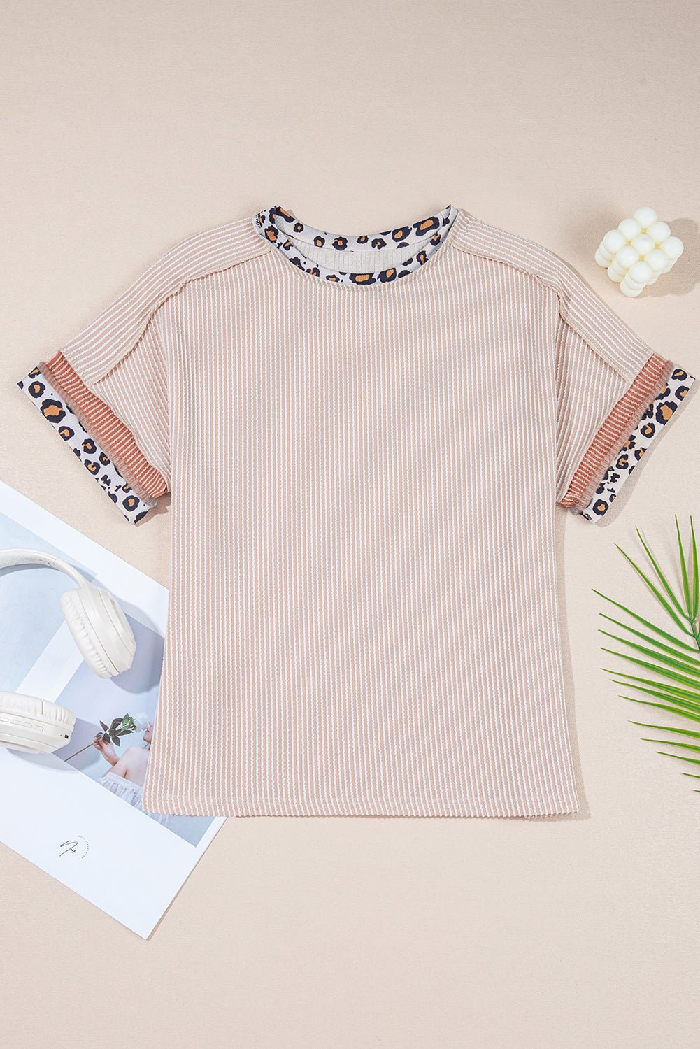 Bonbon Leopard Patchwork Corded Crew Neck T Shirt - MAD RUFFI