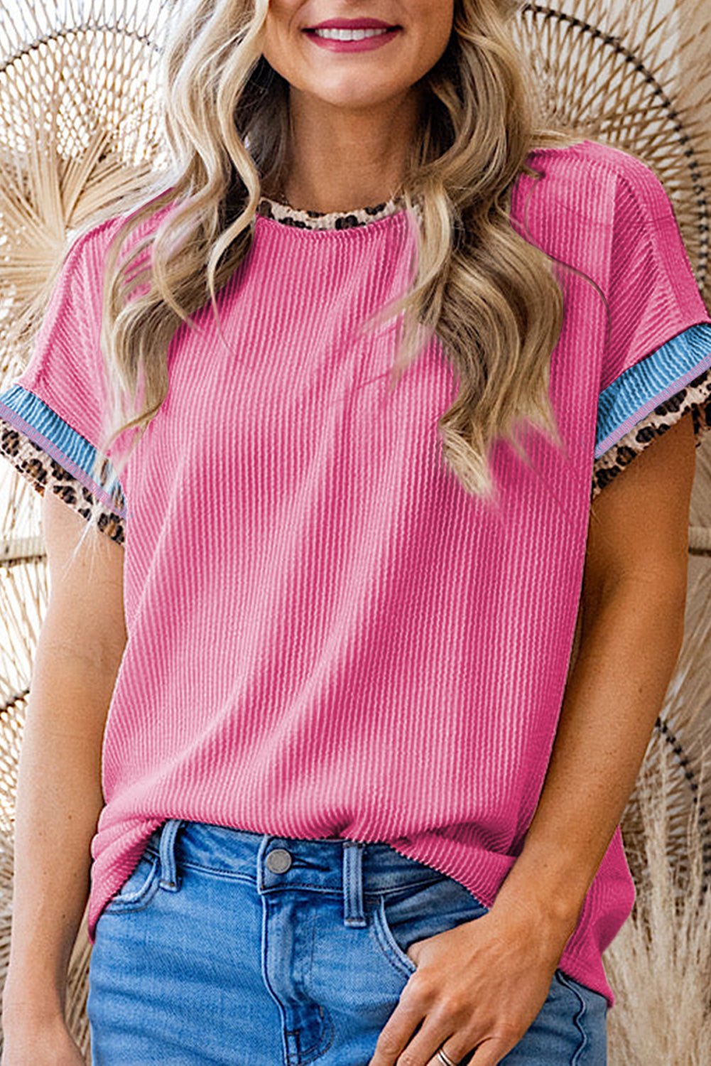 Bonbon Leopard Patchwork Corded Crew Neck T Shirt - MAD RUFFI