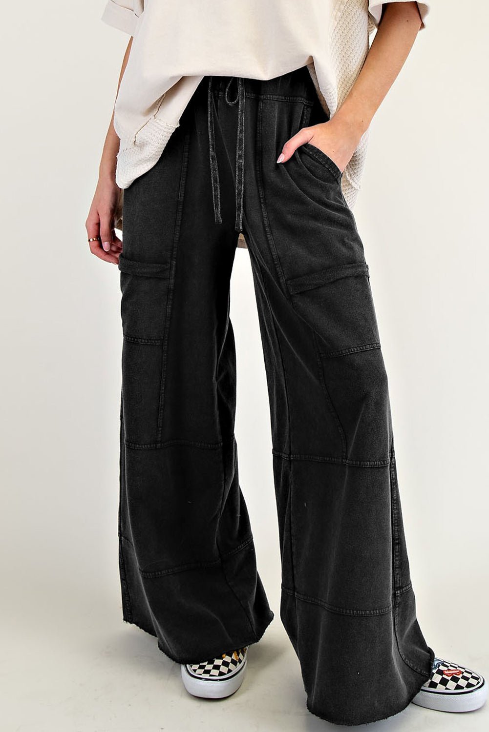 Bonbon Mineral Wash Exposed Seam Wide Leg Cargo Pants - MAD RUFFI